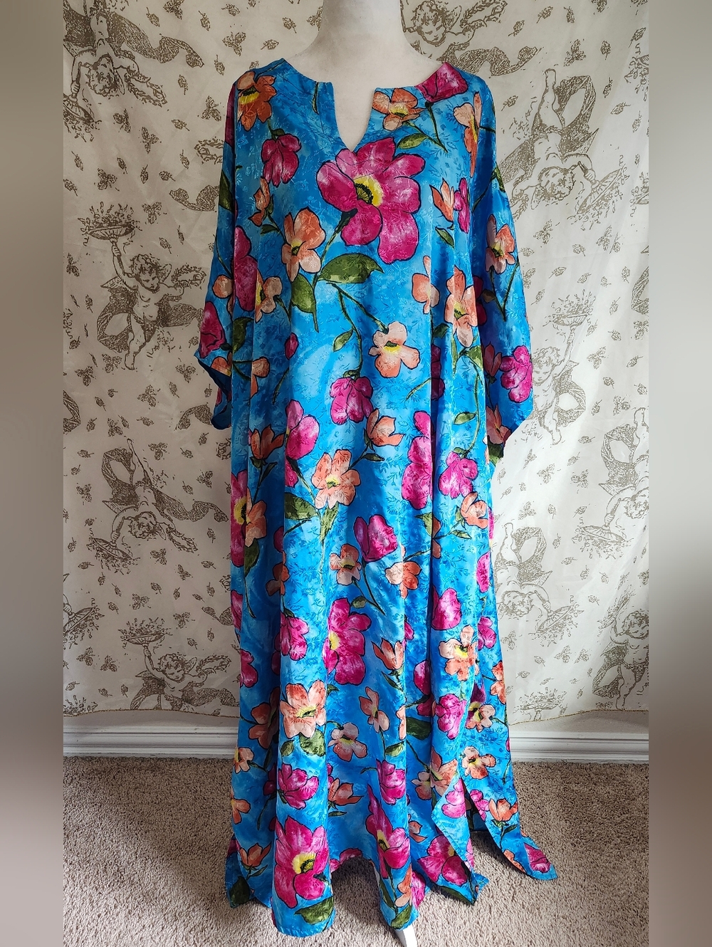Vintage 90s Bright Blue Floral Maxi Caftan with Pink & Peach Blooms With Pockets